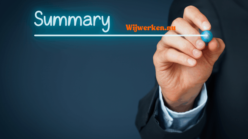 Hand schrijft het woord ‘Summary’ – visuele ondersteuning van de samenvatting over werving en selectie bij Wijwerken.nu