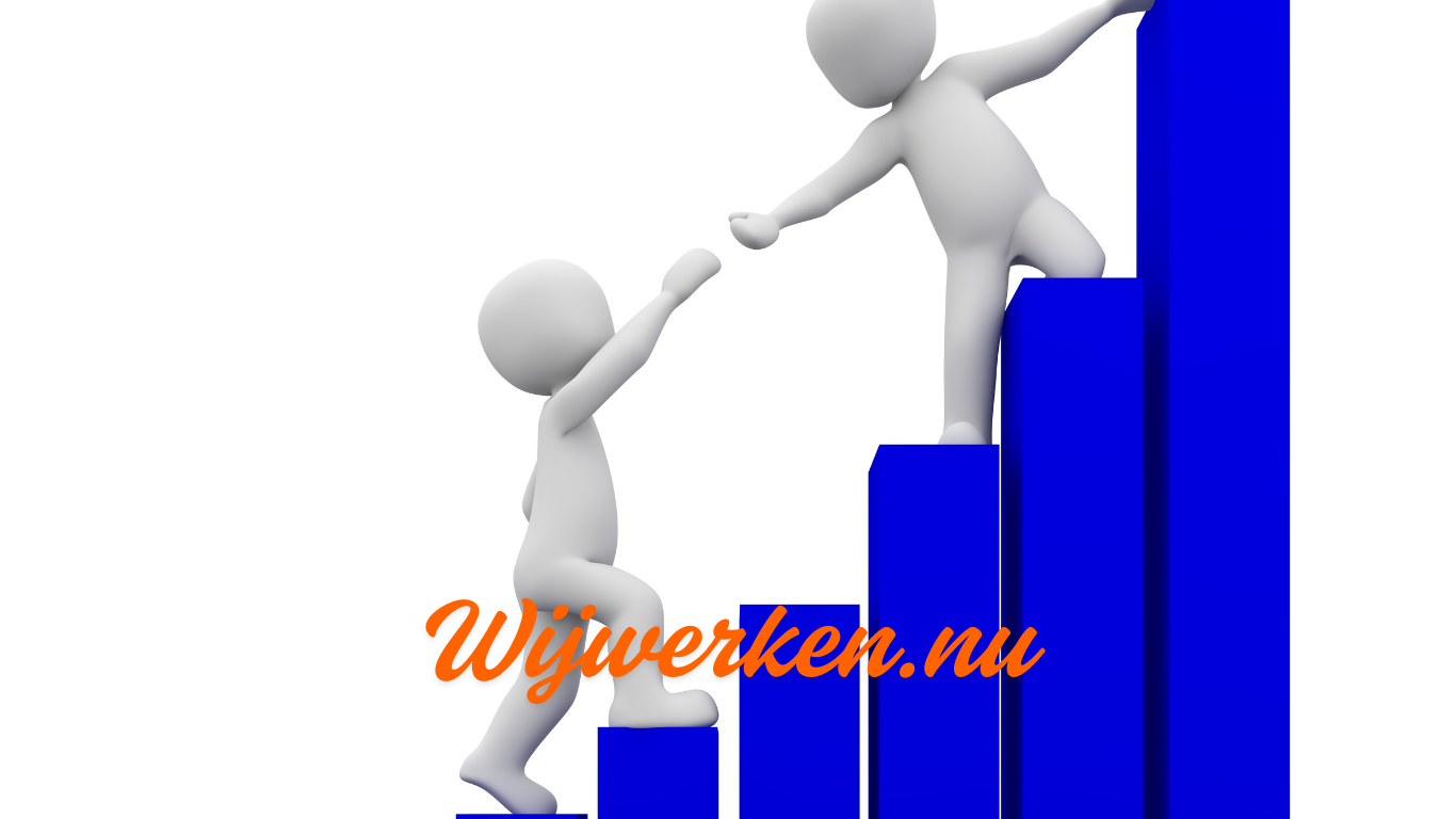 3D-figuur helpt ander omhoog op blauwe trap – symbool voor re-integratie