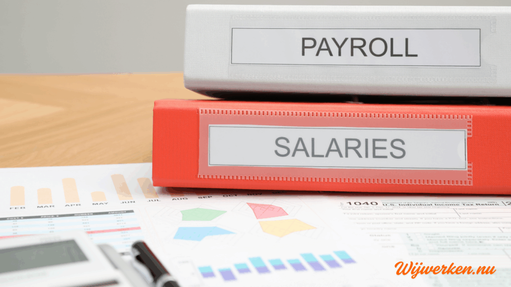 Twee ordners met de labels Payroll en Salaries op een bureau met loon- en grafiekdocumenten – payroll van Wijwerken.nu